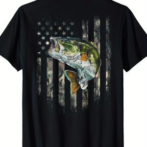 Men's Cotton Back Print T-Shirt Vintage Bass Fish American Flag Pattern Short Sleeve Tee