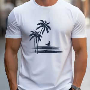 Men's Cotton Short Sleeve T-Shirt Palm Tree Moon Ocean Print Casual Graphic Tee
